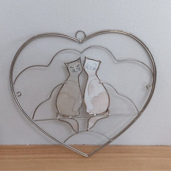 Vintage Capiz Shell Sitting Pair Of Cats Kittens Sun Catcher Gold Wire Heart - Picture 5 of 8